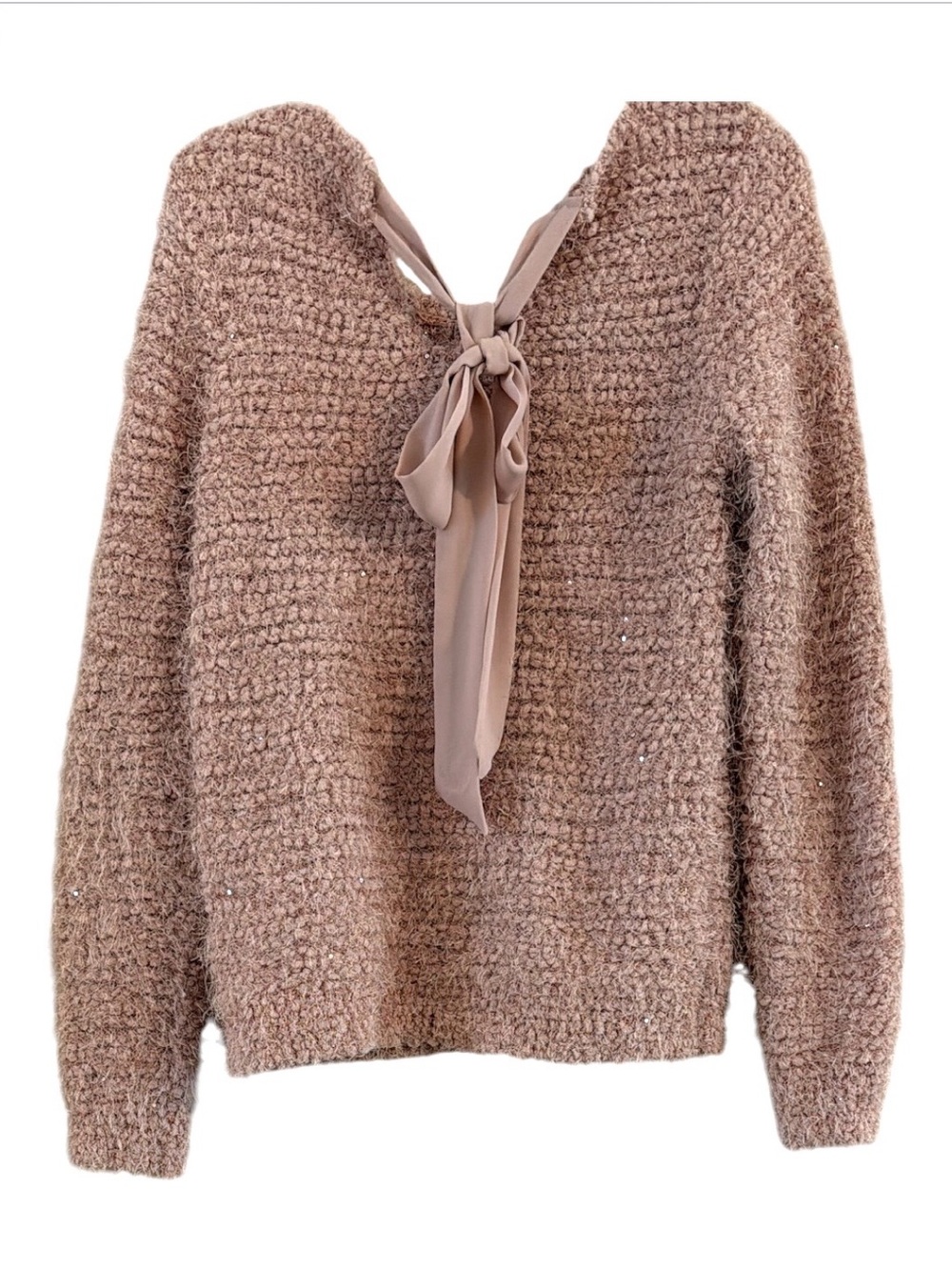 Jennifer Lopez Sequin Bouclé Sweater | Rare Champagne Ribbon Tie Blouse Size L